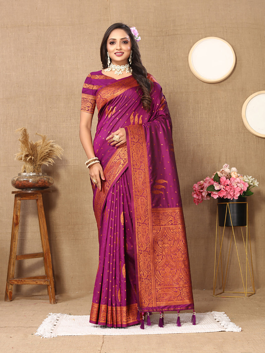 Lorenvalley Fashion Magenta Soft Silk Copper Zari weaving Design Saree
