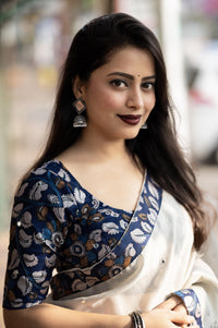 Thumbnail for Cream Pure Linen Ethnic Motifs Saree with Unstitched Blouse - A2M