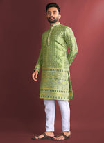 Thumbnail for Prazu Fashion Light Green Jacquard Silk Amboj Work Kurta