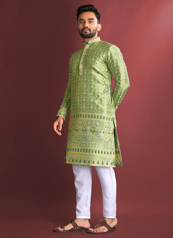 Prazu Fashion Light Green Jacquard Silk Amboj Work Kurta