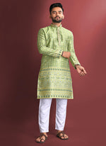 Thumbnail for Prazu Fashion Light Green Jacquard Silk Amboj Work Kurta