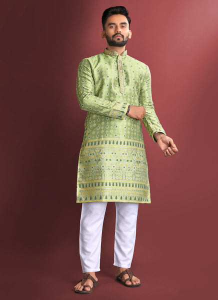 Prazu Fashion Light Green Jacquard Silk Amboj Work Kurta