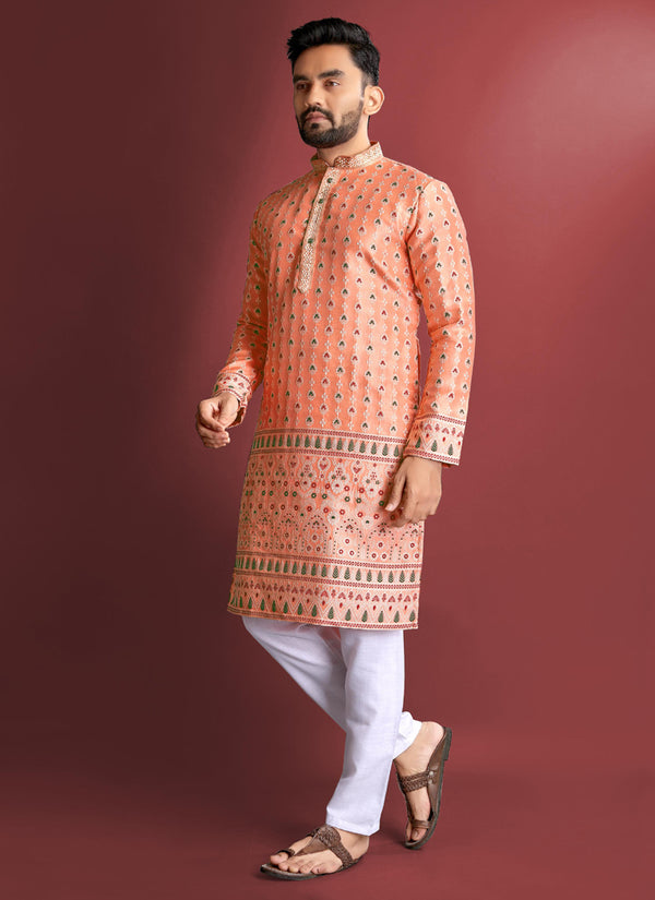 Prazu Fashion Orange Jacquard Silk Amboj Work Kurta