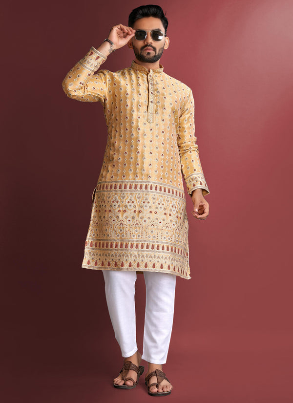 Prazu Fashion Light Yellow Jacquard Silk Amboj Work Kurta
