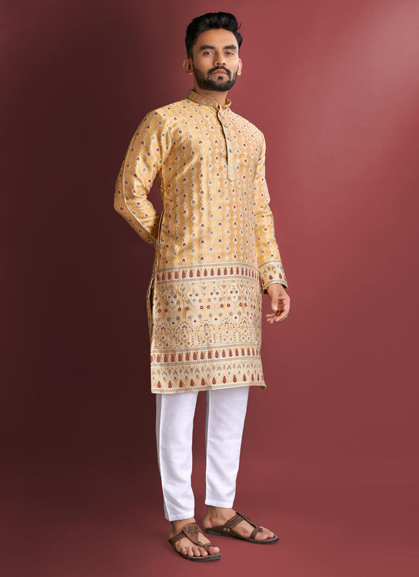 Prazu Fashion Light Yellow Jacquard Silk Amboj Work Kurta