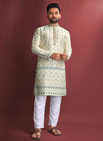 Thumbnail for Prazu Fashion Off White Jacquard Silk Amboj Work Kurta