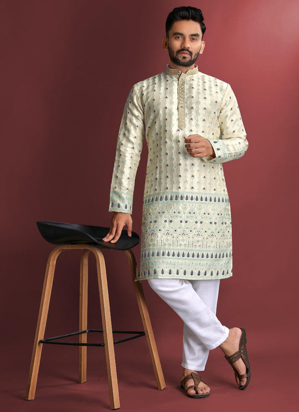 Prazu Fashion Off White Jacquard Silk Amboj Work Kurta