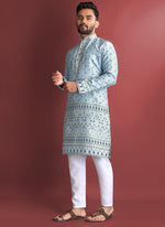Thumbnail for Prazu Fashion Sky Blue Jacquard Silk Amboj Work Kurta