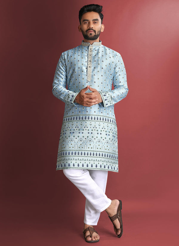 Prazu Fashion Sky Blue Jacquard Silk Amboj Work Kurta