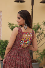 Thumbnail for Lorenvalley Maroon Printed Cotton With Kutchi Gamthi Work and Kodi Lace Gown - Distacart