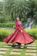 Thumbnail for Lorenvalley Maroon Cotton Printed With Kutchi Gamthi Work and Kodi Lace Gown - Distacart