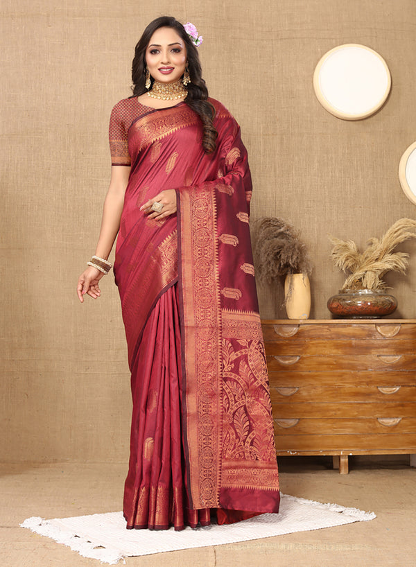 Lorenvalley Fashion Maroon Soft Katan Silk Woven Design Copper Zari Weaving Saree - Distacart