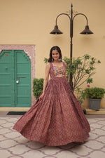 Thumbnail for Lorenvalley Maroon Printed Cotton With Kutchi Gamthi Work and Kodi Lace Gown - Distacart