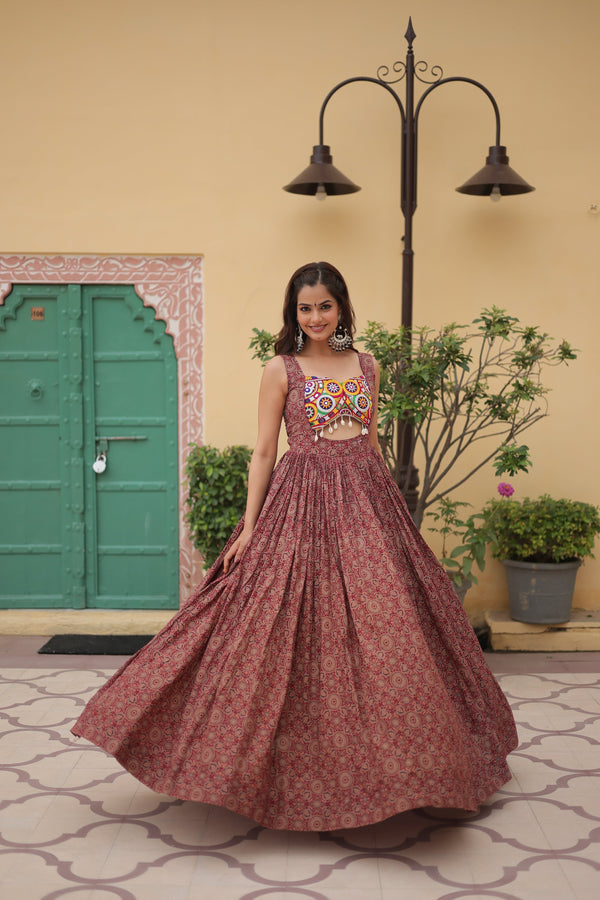 Lorenvalley Maroon Printed Cotton With Kutchi Gamthi Work and Kodi Lace Gown - Distacart
