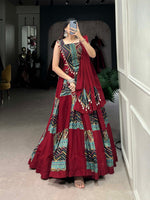 Thumbnail for Lorenvalley Maroon Pure Cotton Plain And Printed With Foil Work Lehenga Choli with Dupatta - Distacart