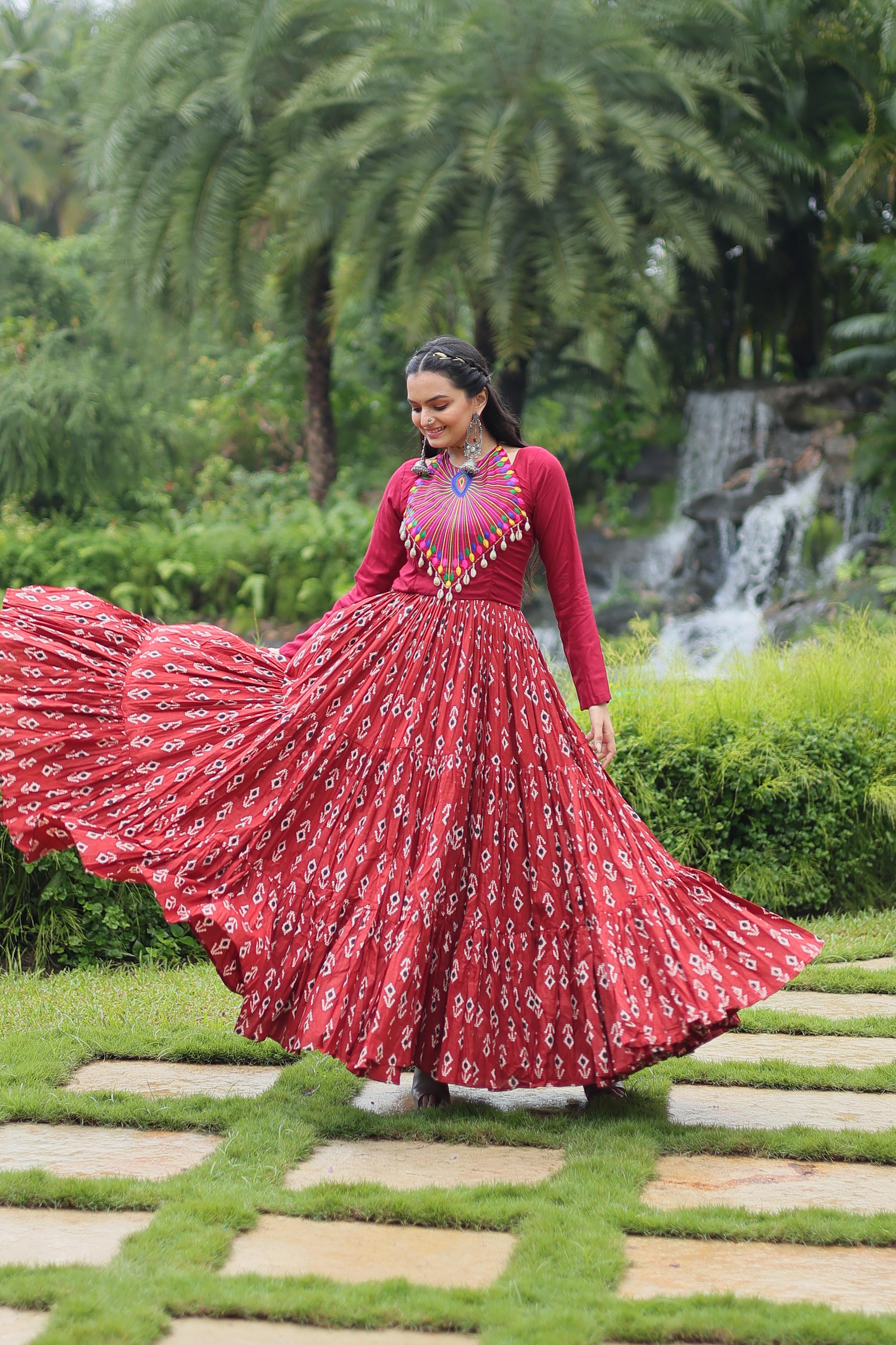 Lorenvalley Maroon Cotton Printed With Kutchi Gamthi Work and Kodi Lace Gown - Distacart