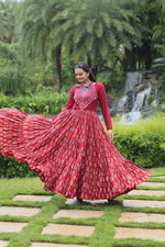 Thumbnail for Lorenvalley Maroon Cotton Printed With Kutchi Gamthi Work and Kodi Lace Gown - Distacart