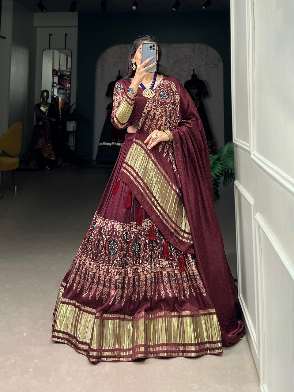 Lorenvalley Maroon Gaji Silk Digital Print With Lagadi Patta Lehenga Choli with Dupatta - Distacart
