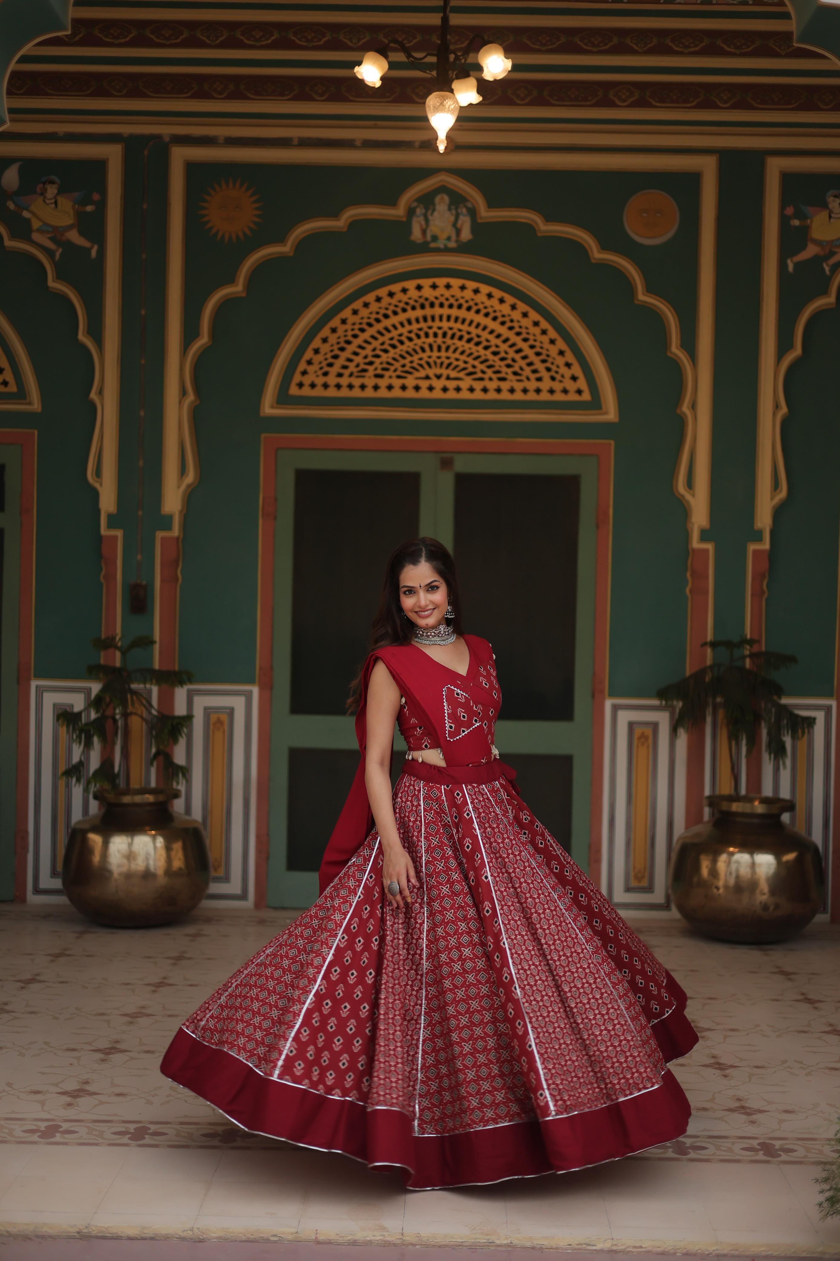 Lorenvalley Maroon Rayon Gota Patti Lace Printed Kali Pattern Lehenga Choli with Dupatta - Distacart