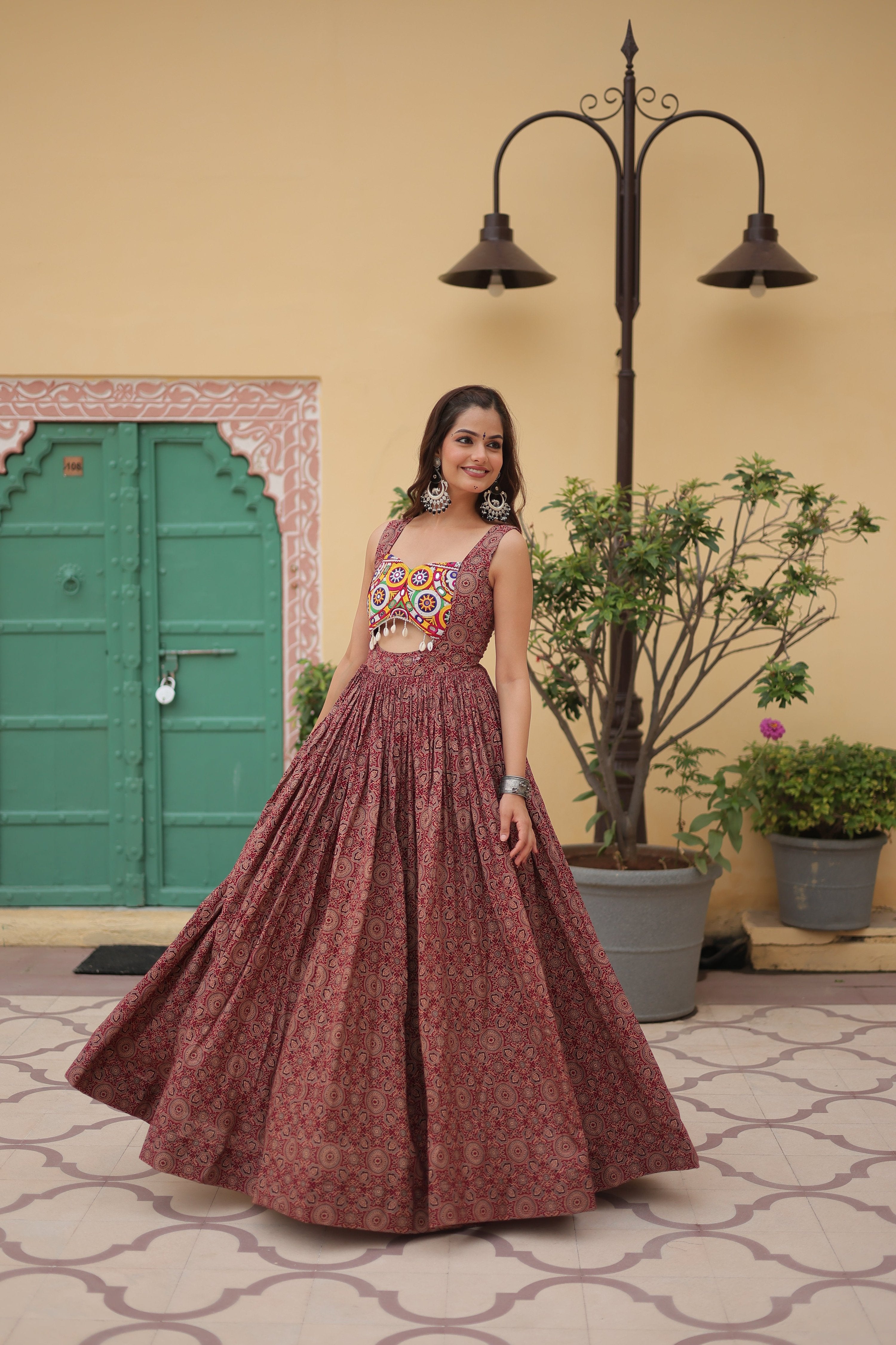 Lorenvalley Maroon Printed Cotton With Kutchi Gamthi Work and Kodi Lace Gown - Distacart
