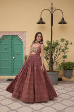 Thumbnail for Lorenvalley Maroon Printed Cotton With Kutchi Gamthi Work and Kodi Lace Gown - Distacart