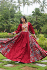 Thumbnail for Lorenvalley Maroon Rayon Contrast of Printed with Kutchi Gamthi work Gown - Distacart