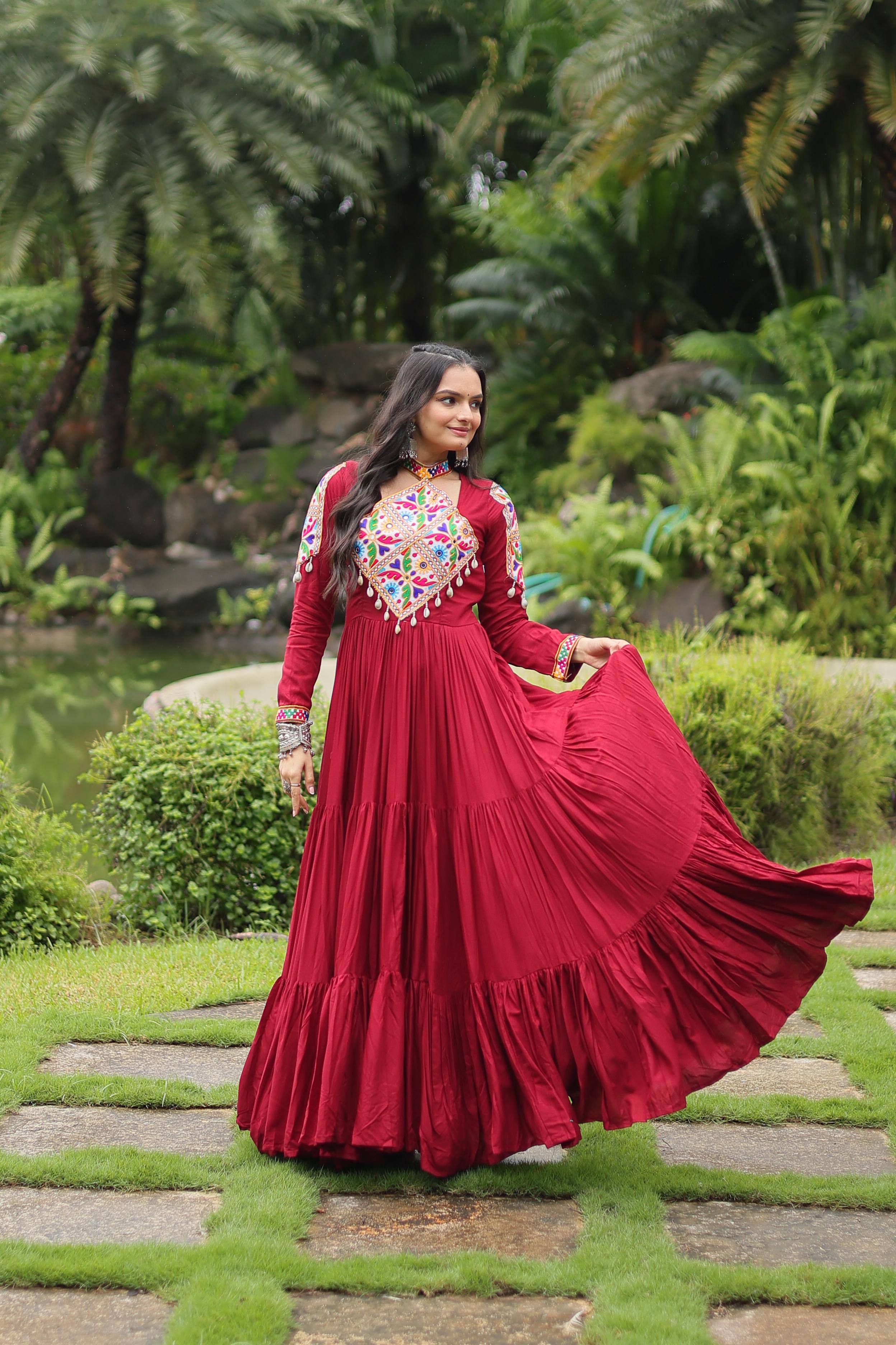 Lorenvalley Maroon Rayon Fabric with Kutchi Gamthi work Gown - Distacart