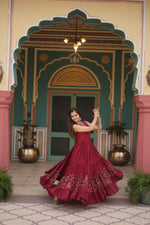 Thumbnail for Lorenvalley Maroon Rayon Fabric with Printed Attached In Frill And Neck Gown - Distacart