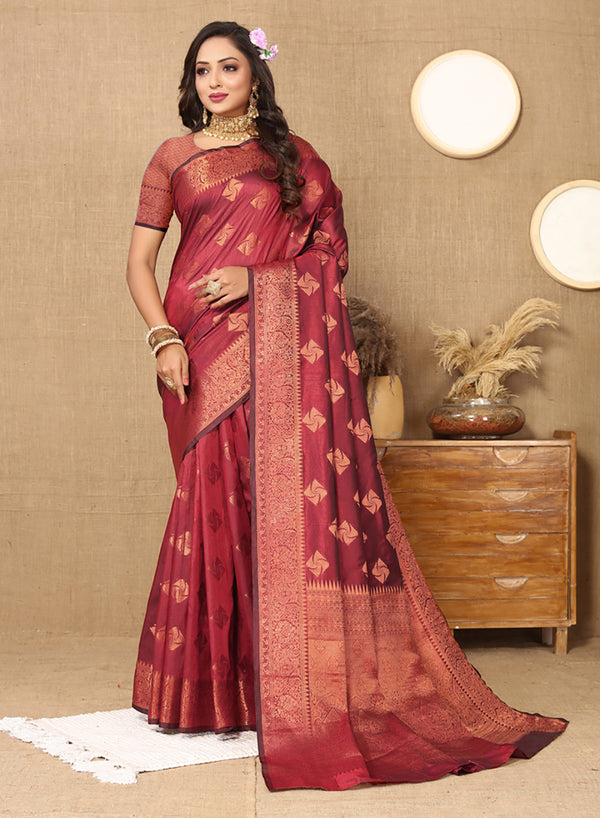 Lorenvalley Fashion Maroon Soft Katan Silk Woven Design Copper Zari Weaving Saree - Distacart