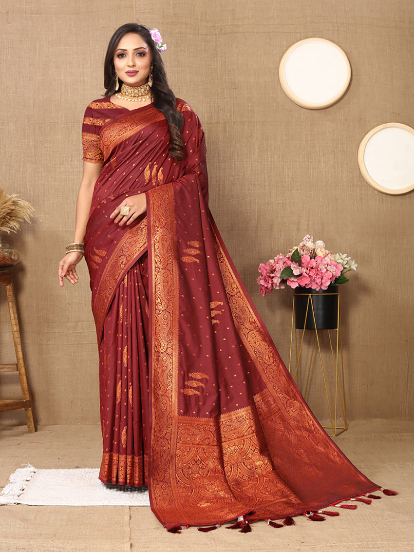 Lorenvalley Fashion Maroon Soft Silk Copper Zari weaving Design Saree - Distacart