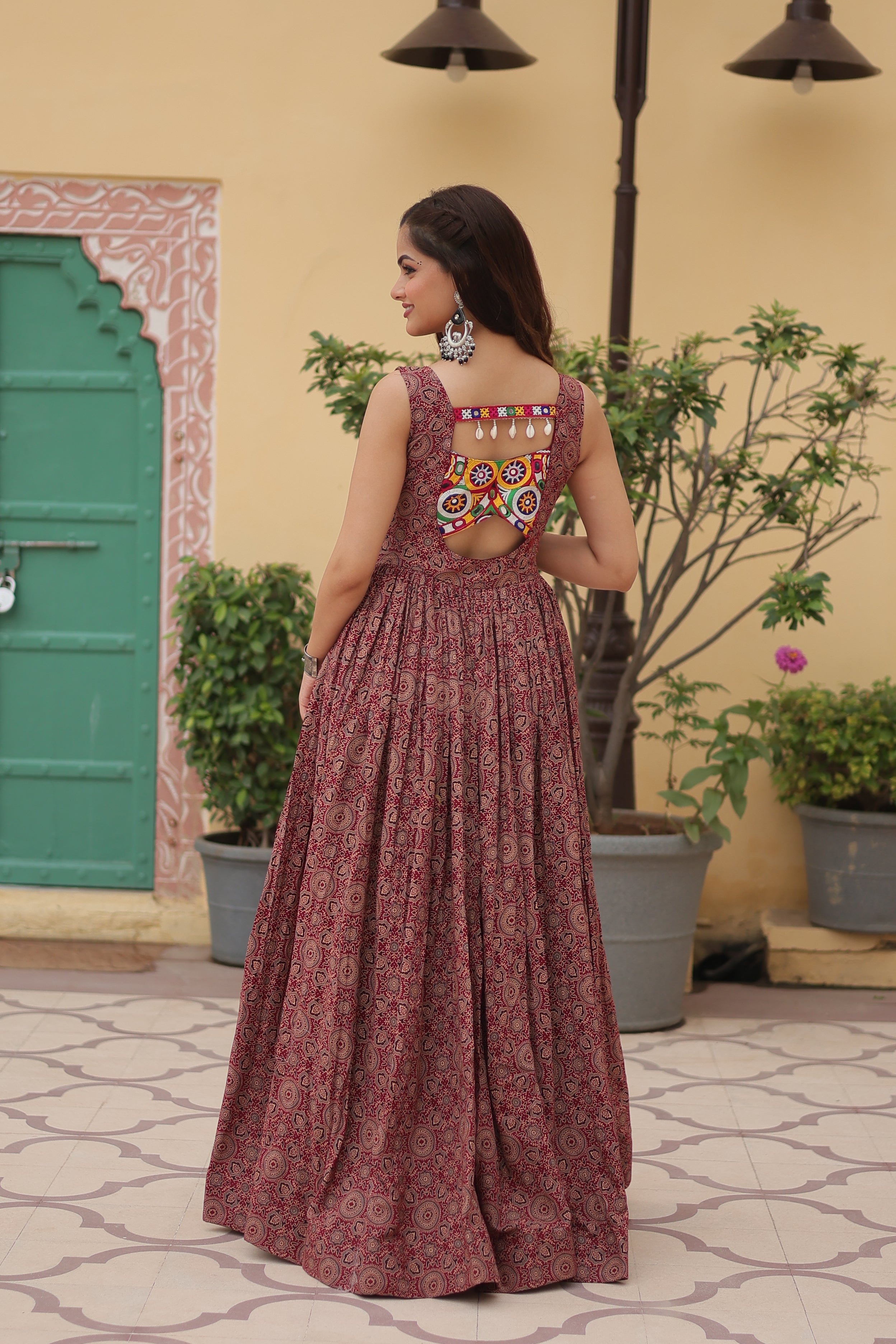 Lorenvalley Maroon Printed Cotton With Kutchi Gamthi Work and Kodi Lace Gown - Distacart