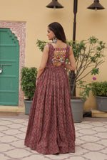 Thumbnail for Lorenvalley Maroon Printed Cotton With Kutchi Gamthi Work and Kodi Lace Gown - Distacart