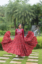 Thumbnail for Lorenvalley Maroon Cotton Printed With Kutchi Gamthi Work and Kodi Lace Gown - Distacart