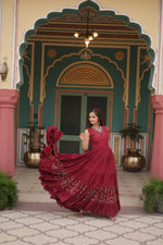 Thumbnail for Lorenvalley Maroon Rayon Fabric with Printed Attached In Frill And Neck Gown - Distacart