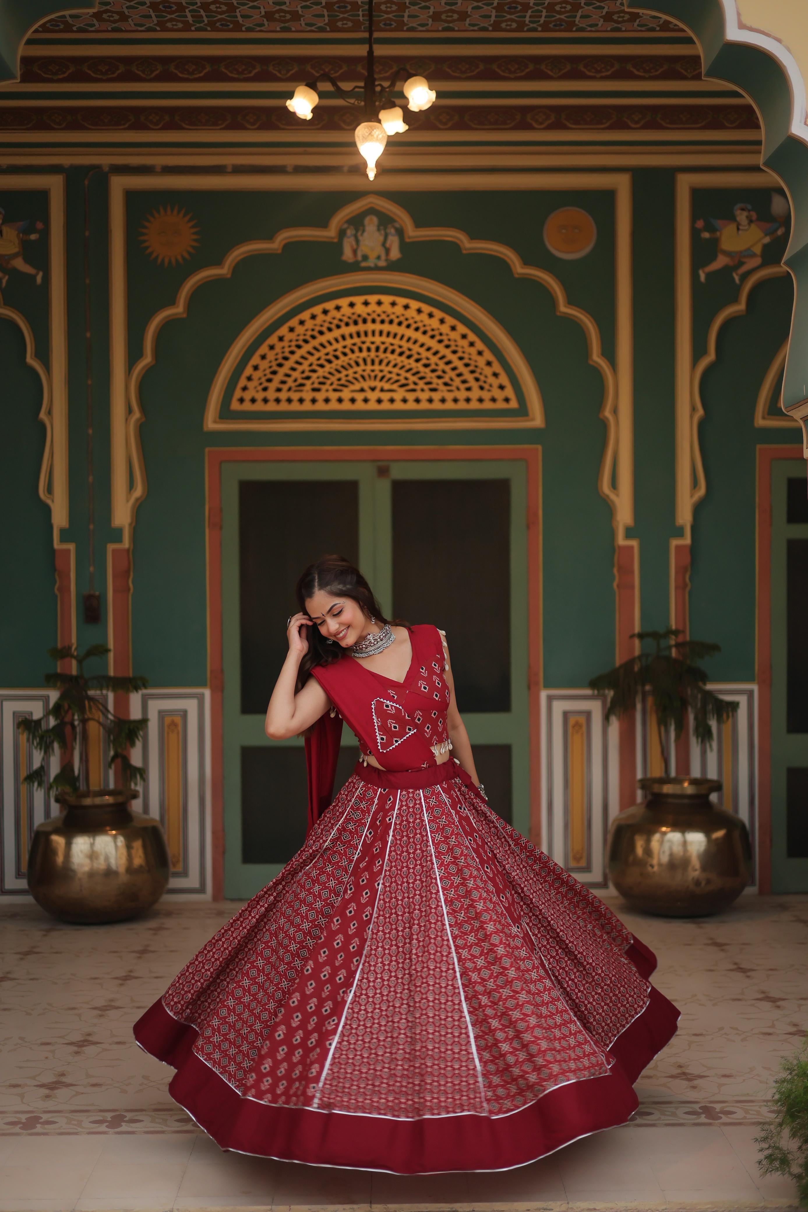 Lorenvalley Maroon Rayon Gota Patti Lace Printed Kali Pattern Lehenga Choli with Dupatta - Distacart