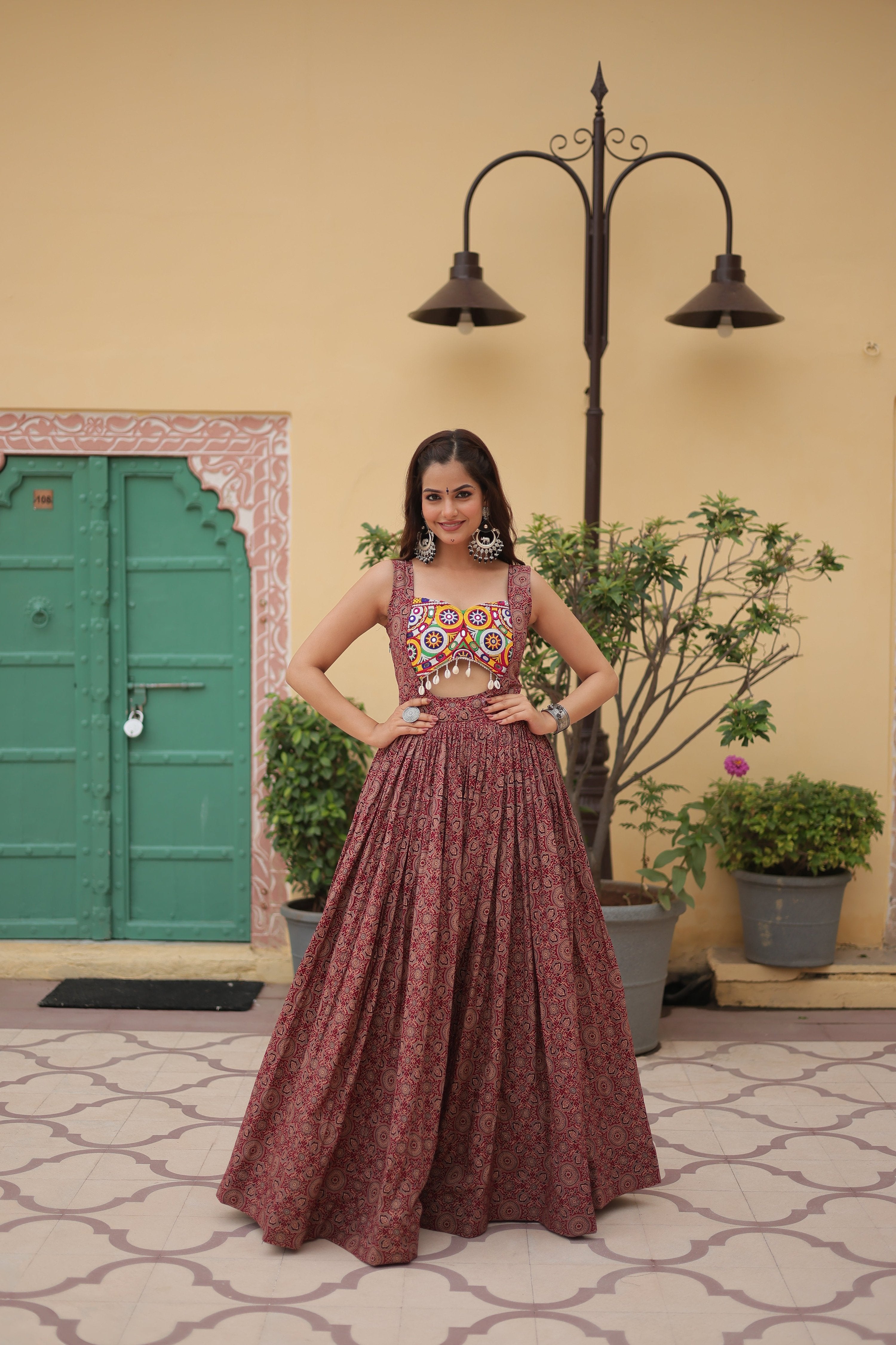 Lorenvalley Maroon Printed Cotton With Kutchi Gamthi Work and Kodi Lace Gown - Distacart
