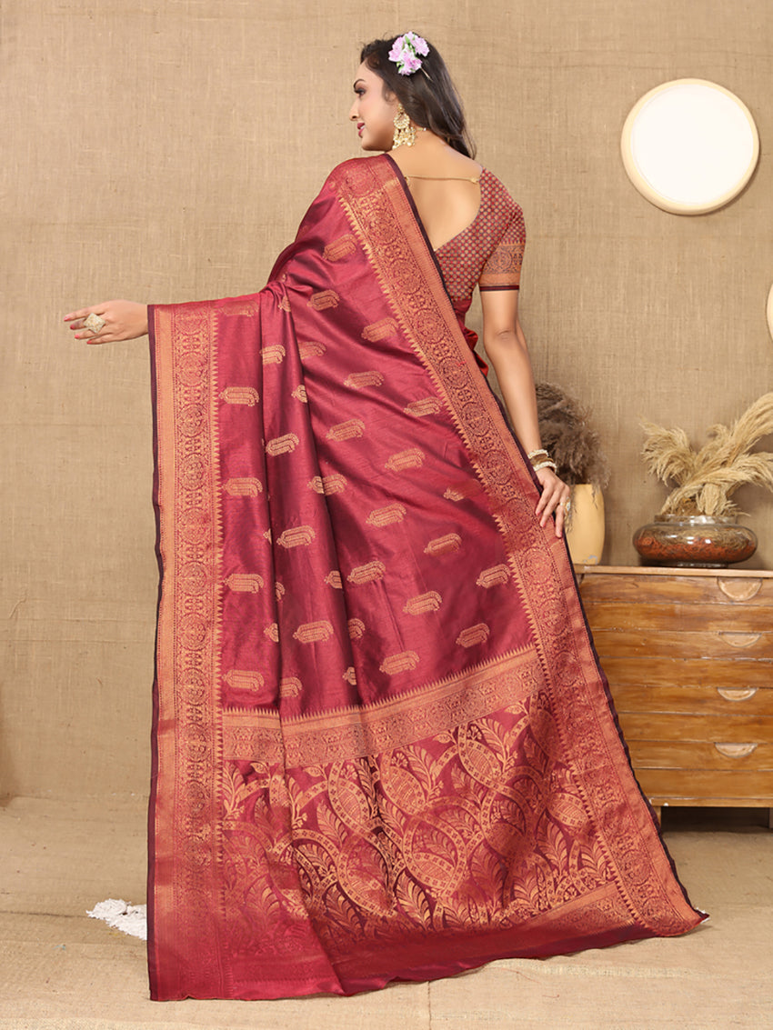 Lorenvalley Fashion Maroon Soft Katan Silk Woven Design Copper Zari Weaving Saree - Distacart
