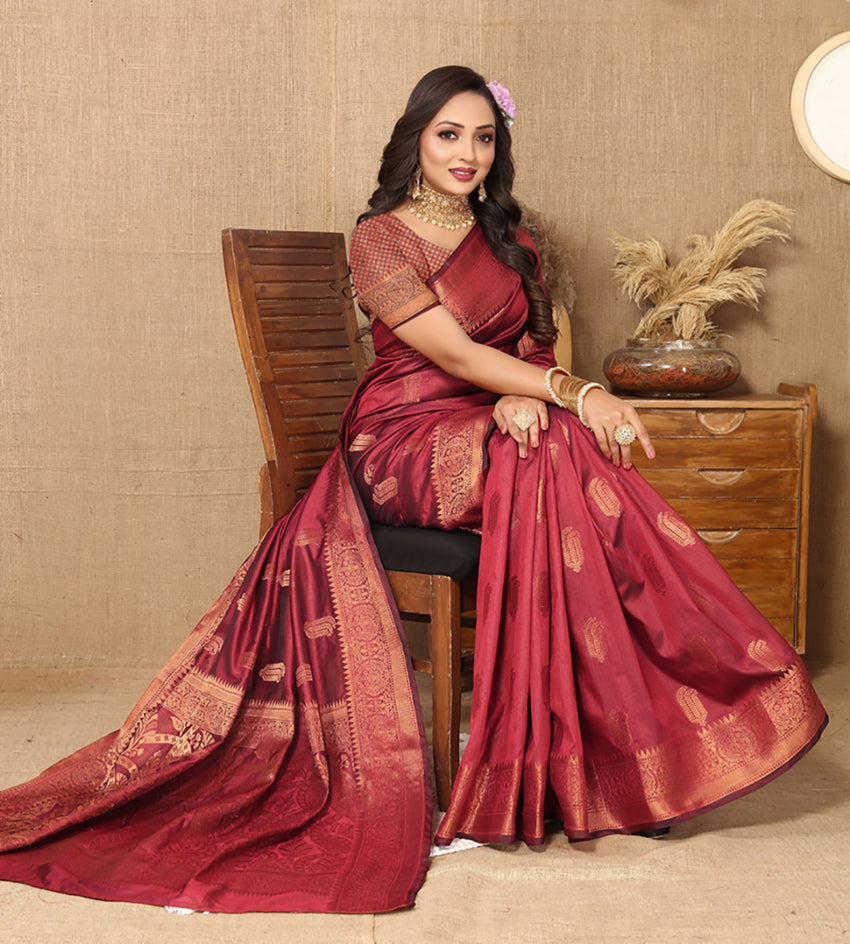 Lorenvalley Fashion Maroon Soft Katan Silk Woven Design Copper Zari Weaving Saree - Distacart