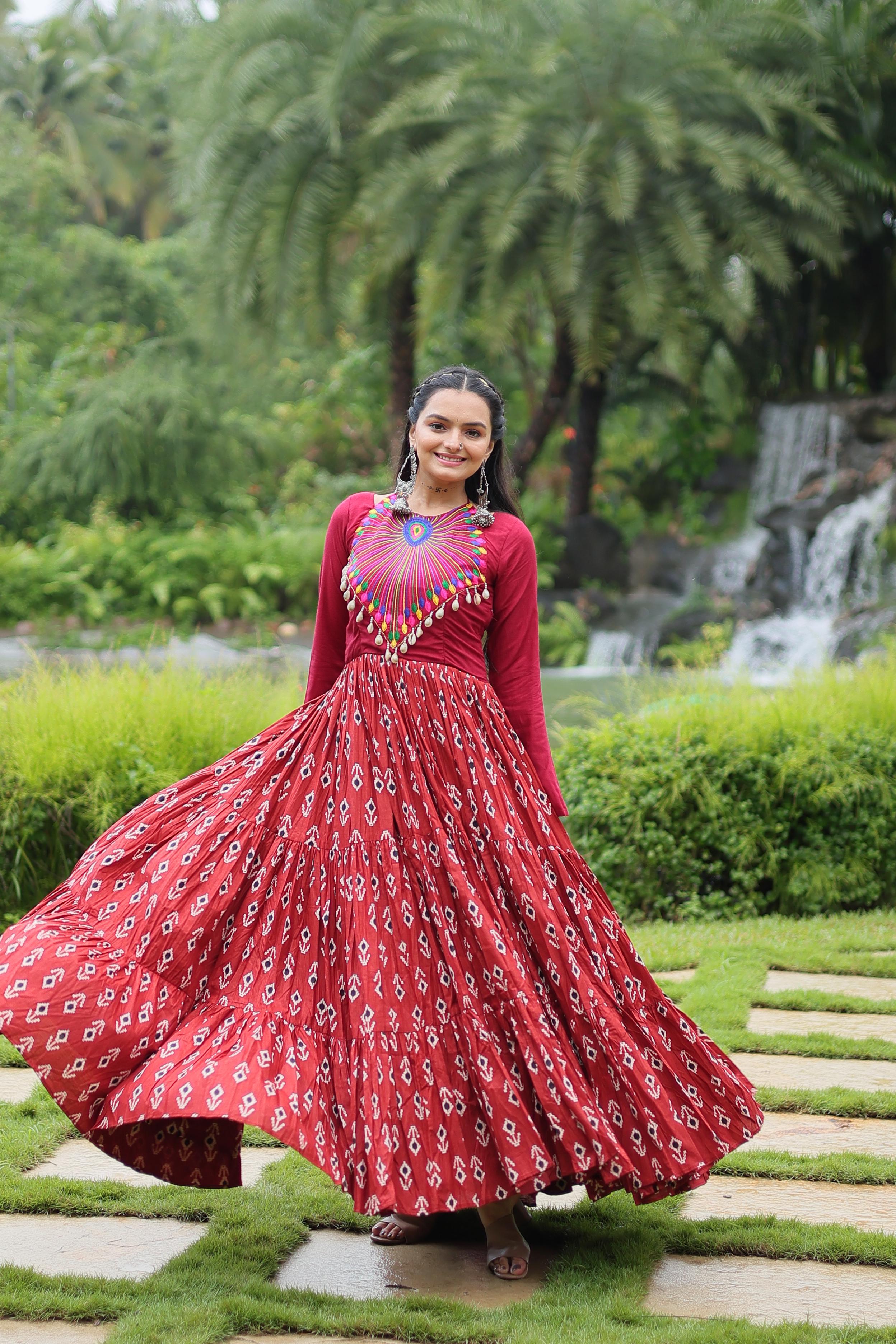 Lorenvalley Maroon Cotton Printed With Kutchi Gamthi Work and Kodi Lace Gown - Distacart