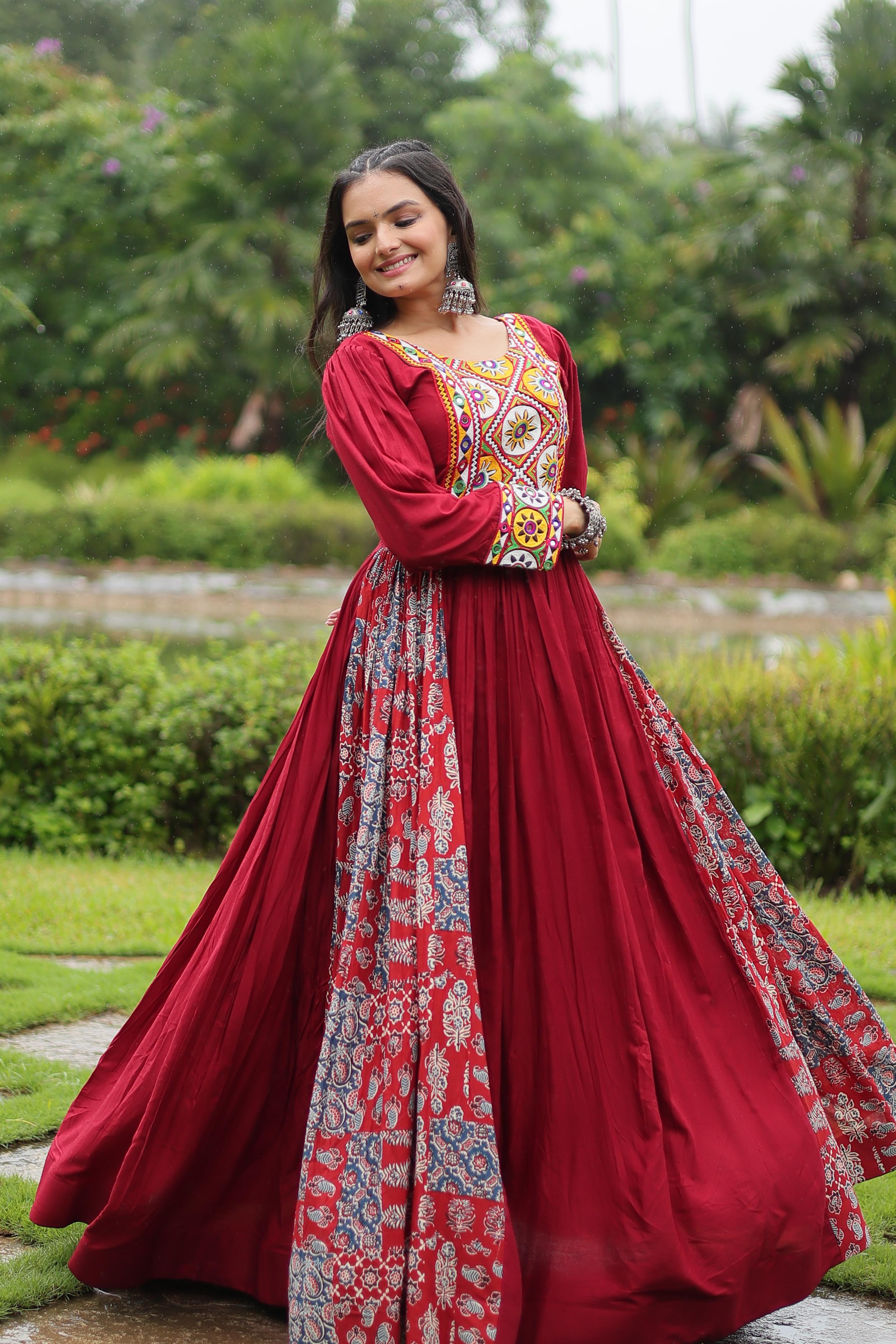 Lorenvalley Maroon Rayon Contrast of Printed with Kutchi Gamthi work Gown - Distacart