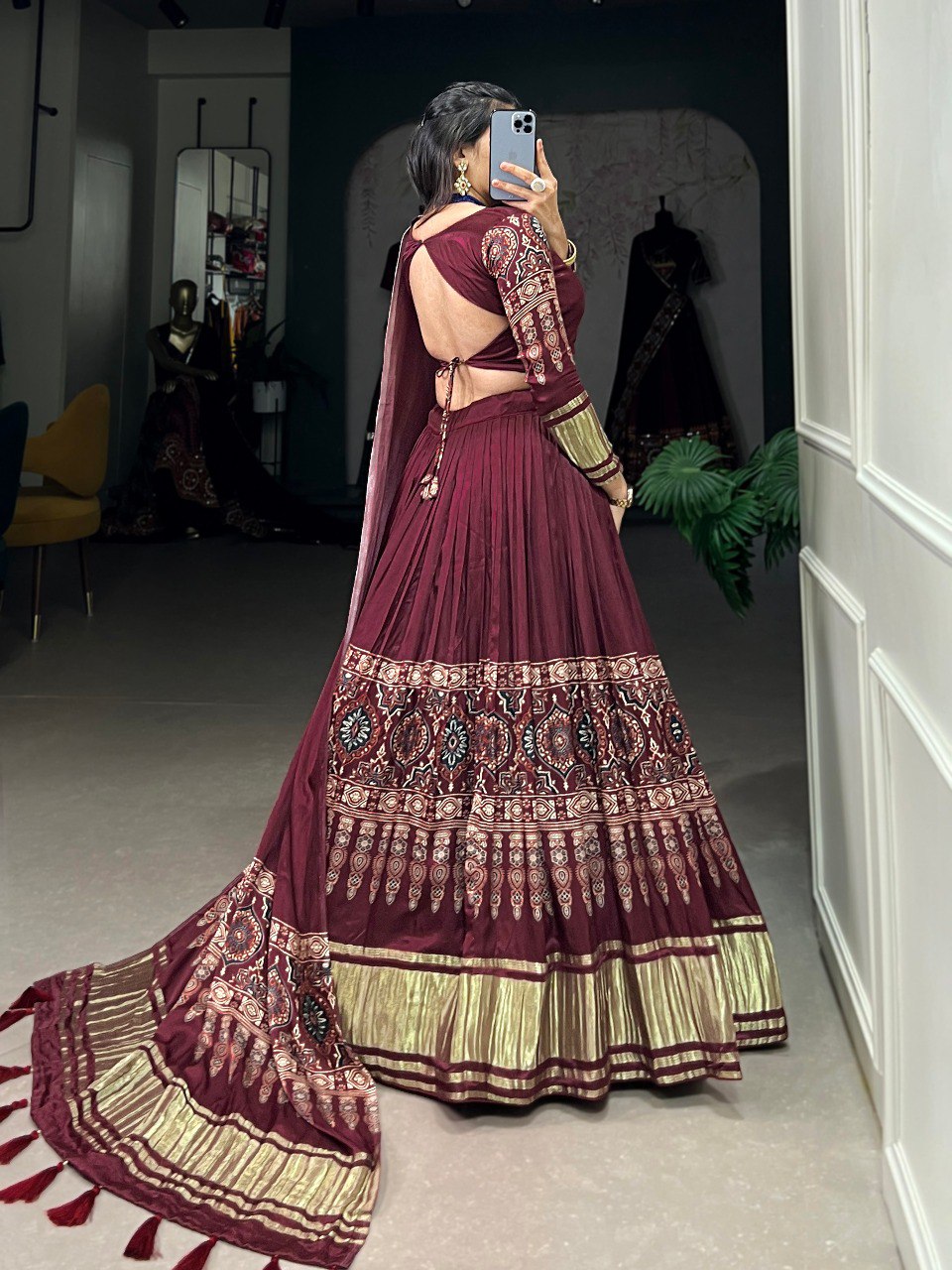 Lorenvalley Maroon Gaji Silk Digital Print With Lagadi Patta Lehenga Choli with Dupatta - Distacart
