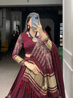 Thumbnail for Lorenvalley Maroon Gaji Silk Digital Print With Lagadi Patta Lehenga Choli with Dupatta - Distacart