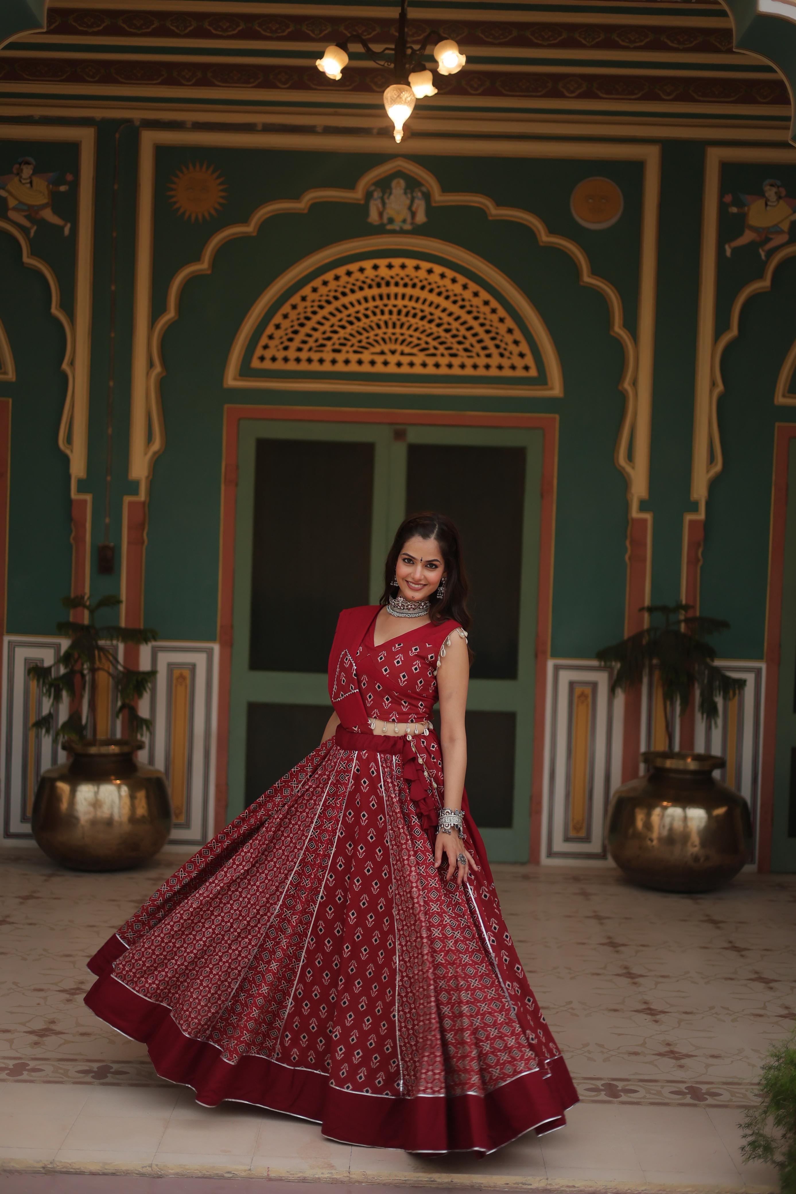 Lorenvalley Maroon Rayon Gota Patti Lace Printed Kali Pattern Lehenga Choli with Dupatta - Distacart