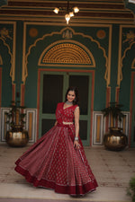 Thumbnail for Lorenvalley Maroon Rayon Gota Patti Lace Printed Kali Pattern Lehenga Choli with Dupatta - Distacart