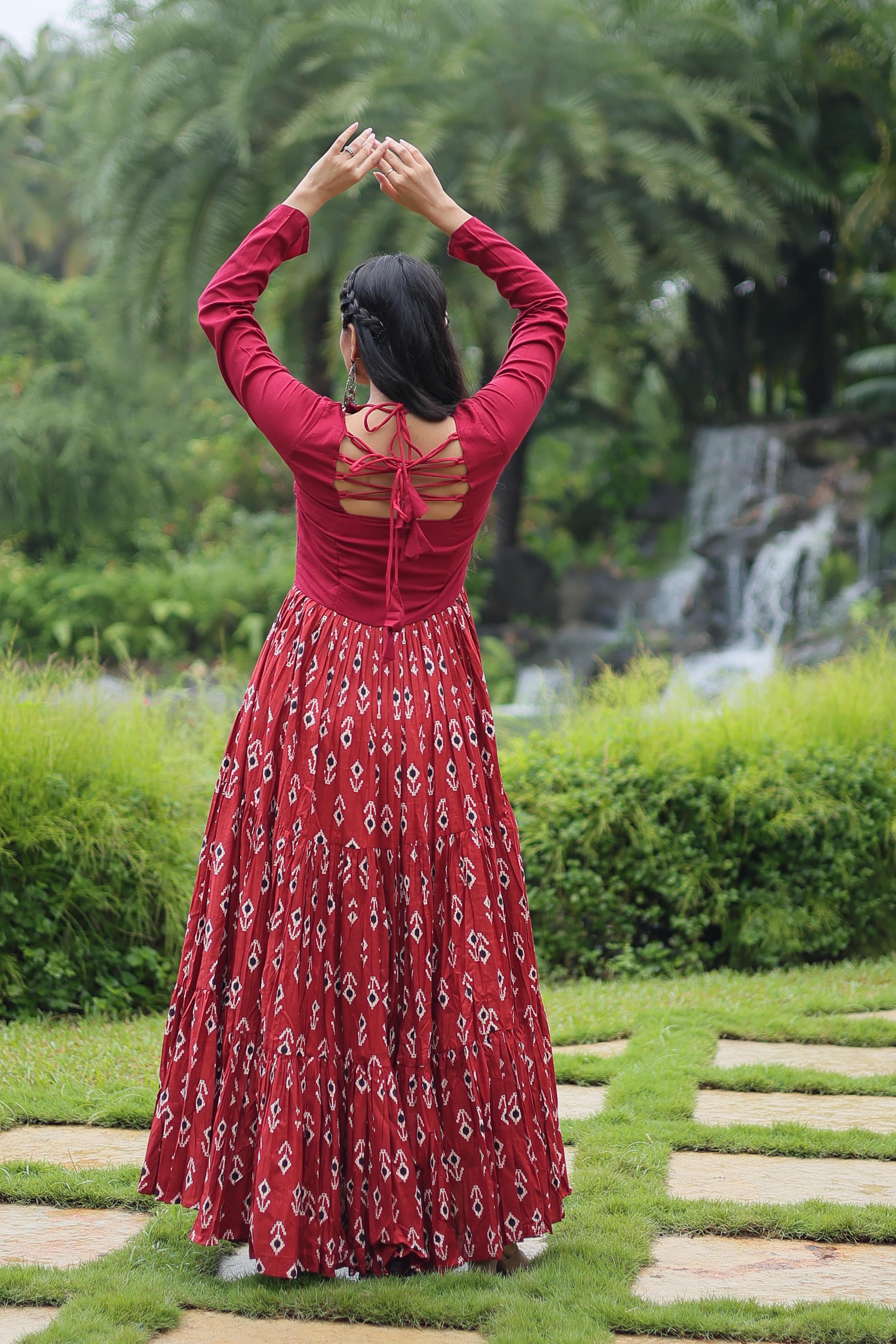 Lorenvalley Maroon Cotton Printed With Kutchi Gamthi Work and Kodi Lace Gown - Distacart