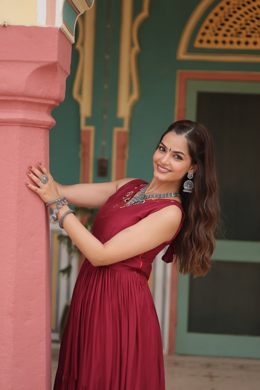 Lorenvalley Maroon Rayon Fabric with Printed Attached In Frill And Neck Gown - Distacart