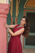 Thumbnail for Lorenvalley Maroon Rayon Fabric with Printed Attached In Frill And Neck Gown - Distacart