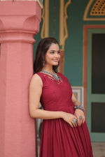 Thumbnail for Lorenvalley Maroon Rayon Fabric with Printed Attached In Frill And Neck Gown - Distacart