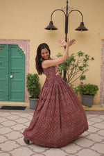 Thumbnail for Lorenvalley Maroon Printed Cotton With Kutchi Gamthi Work and Kodi Lace Gown - Distacart