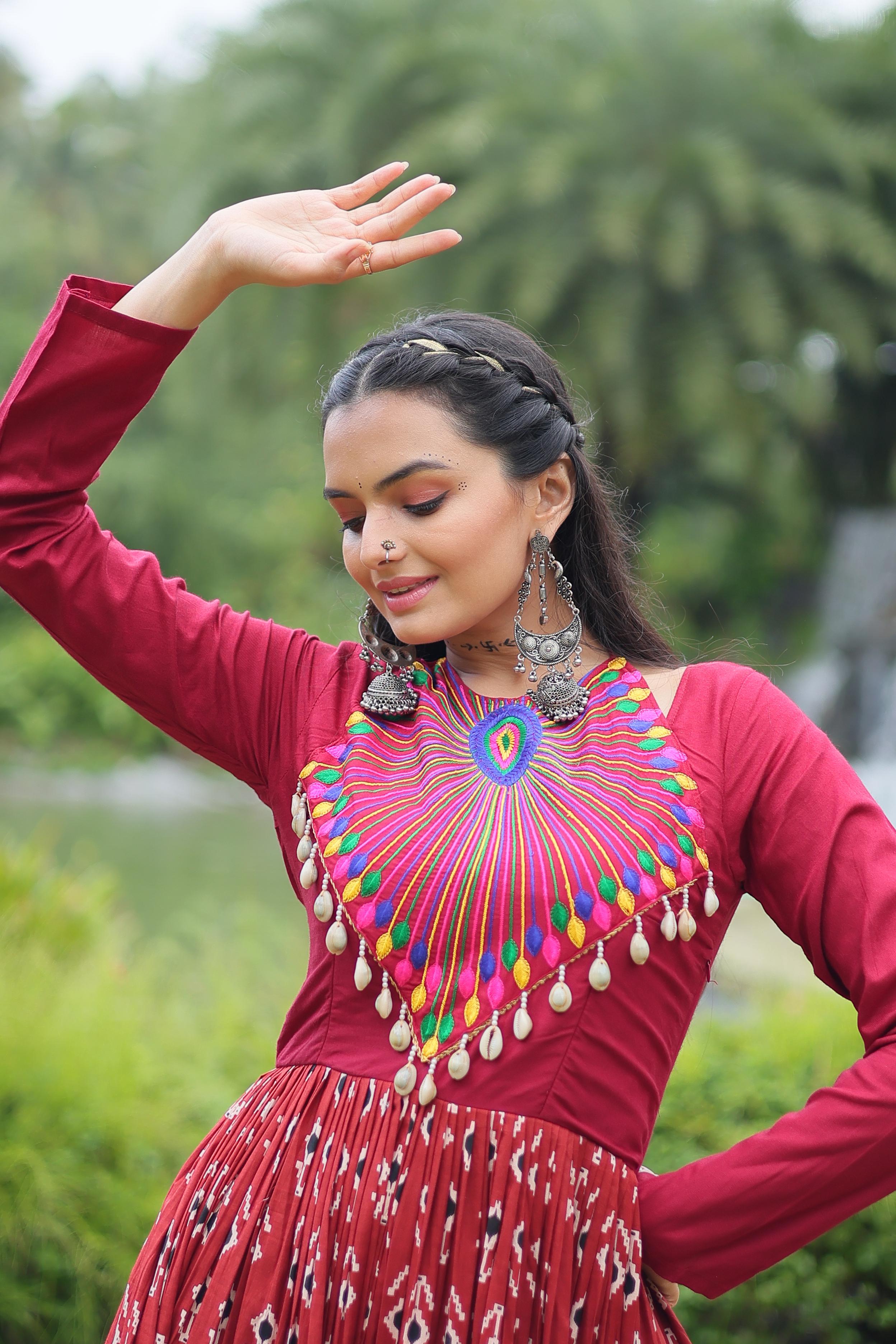 Lorenvalley Maroon Cotton Printed With Kutchi Gamthi Work and Kodi Lace Gown - Distacart